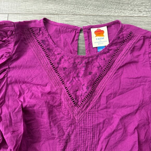 Farm Rio Anthropologie Kelsie Purple Cotton Lace Puff Sleeve Top Sz Large Blouse - Picture 4 of 10
